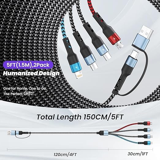 Multi Charging Cable, 6-in-1 USB A/C Cable with Dual Type-C/IP/Micro USB, (2Pack 5FT) Multi Chargers Cord for All Devices, Phone Charger Cord for iPhone 17/16/15/14, Galaxy, Android