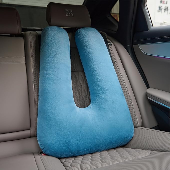 Travel Pillow，Car Pillow for Kids, Car Sleeping Pillow with Adjustable Strap, Car Travel Essentials, Road Trip Pillow for Head and Neck Support,Blue