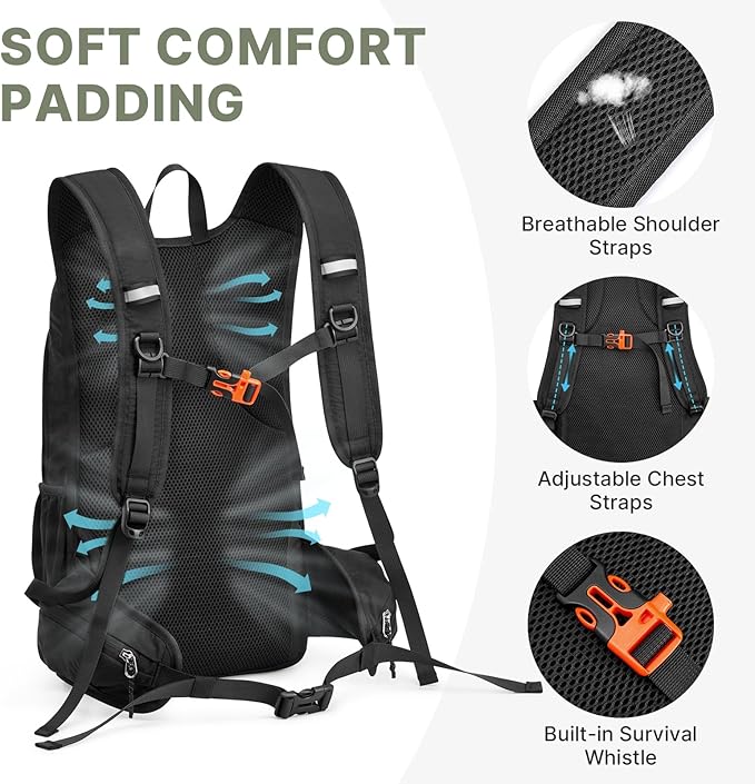 G4Free 20L Hiking Backpack with Waist Strap for Women Men, Lightweight Waterproof Daypack for Travel Camping Outdoor, Black