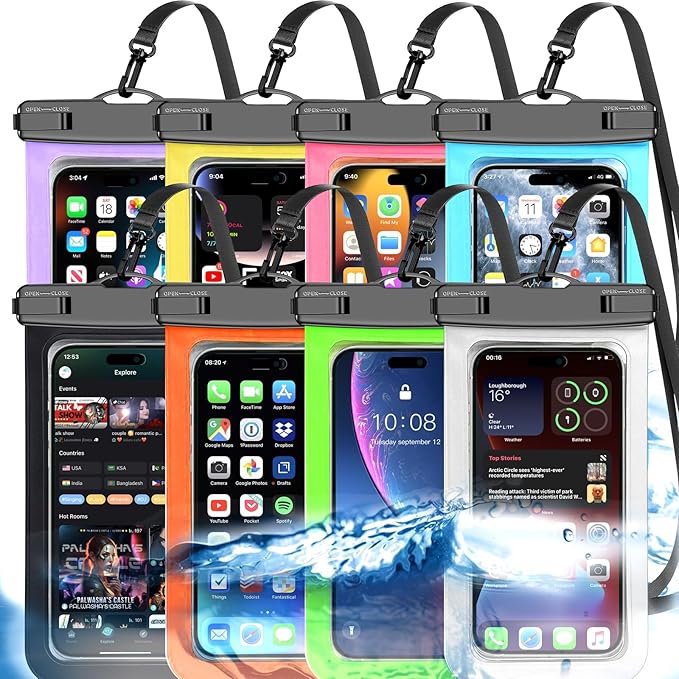 Famoby 8 Pack Multicolor Waterproof Phone Pouch, Cell Phone Waterproof Case Dry Bag,Protection Level: IP68,Beach Cruise for iPhone,Samsung,and More,Lanyard Included,(Fits Up to 8.3"),Multicolor 8 Pack