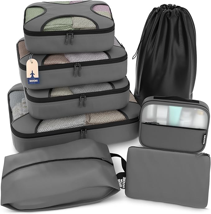 Shacke 8 Set Packing Cubes for Travel – Complete Luggage Organizer Set with Laundry, Shoe, Toiletry & Accessories Bag, Suitcase Travel Organizer (Dark Grey)