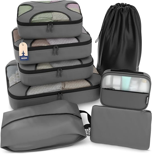 Shacke 8 Set Packing Cubes for Travel – Complete Luggage Organizer Set with Laundry, Shoe, Toiletry & Accessories Bag, Suitcase Travel Organizer (Dark Grey)