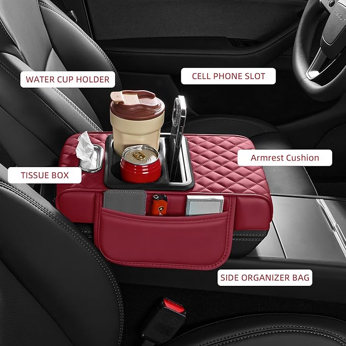 5 in 1 Car Center Console Cover, Armrest Pad with 2 Storage Pockets, Cup Holder, Tissue Slot, Phone Holder, Nappa Leather Memory Foam Car Accessories for SUV Sedan Truck (Burgundy)