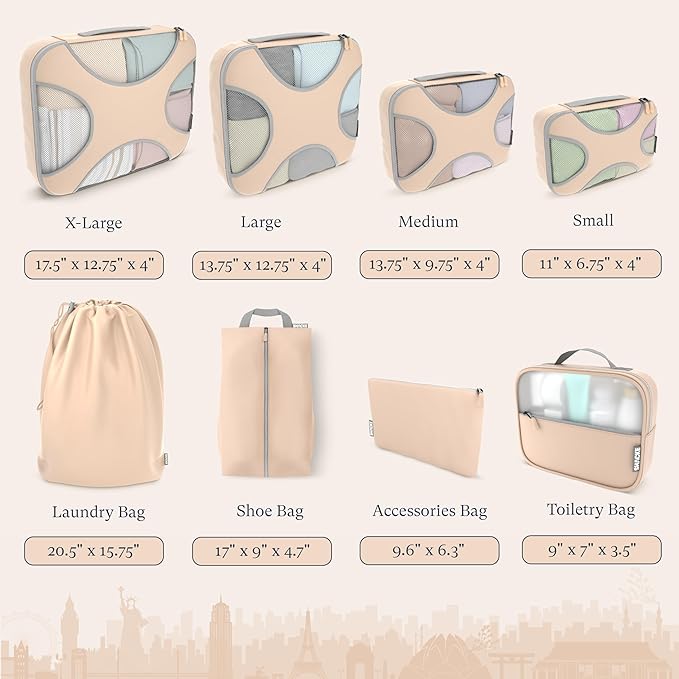 Shacke 8 Set Packing Cubes for Travel – Complete Luggage Organizer Set with Laundry, Shoe, Toiletry & Accessories Bag, Suitcase Travel Organizer (Nude Biege)