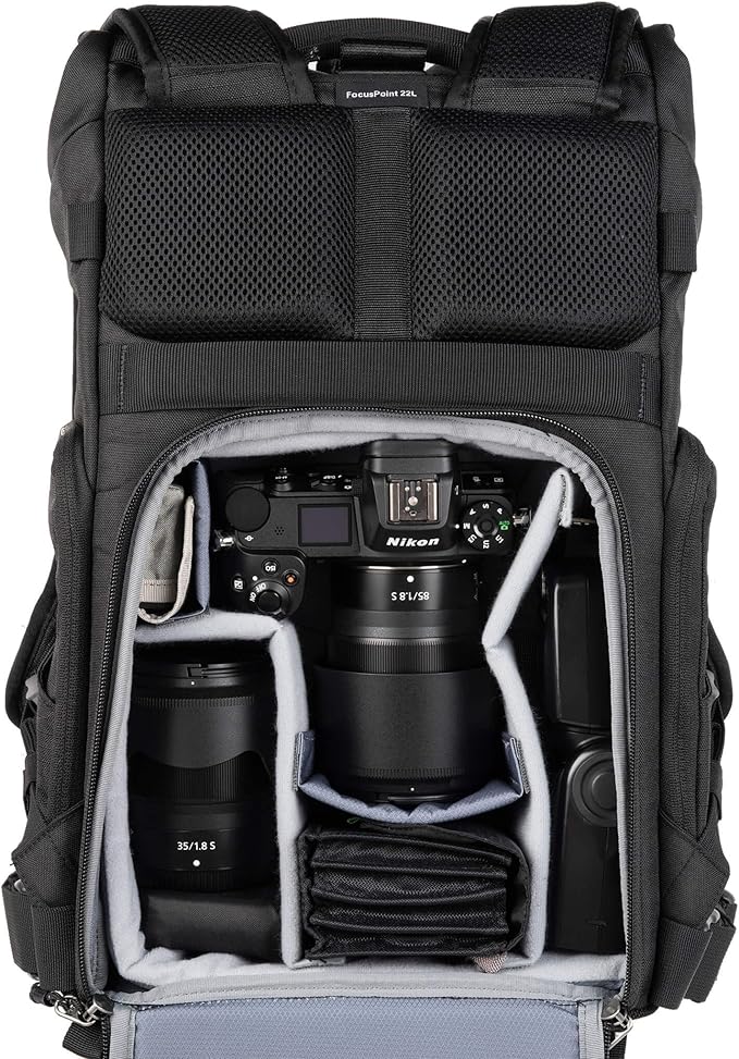Think Tank FocusPoint 22L RollTop Camera Backpack - Asphalt Black: Expandable Travel & Camera Backpack with Laptop Sleeve, Quick Side and Back Access, Rain Cover – Versatile Photography & Travel Bag