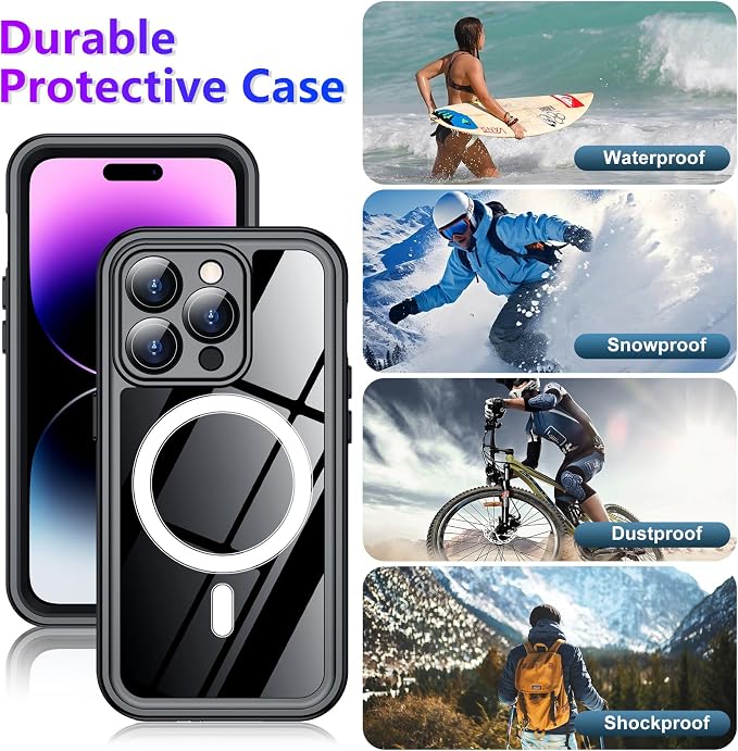 Compatible with iPhone 14 Pro Max Case Waterproof, Built-in Screen & Camera Protector IP68 Underwater Full Body 14FT Military Dropproof Shockproof Phone Case 6.7"-Black/Clear-Mag