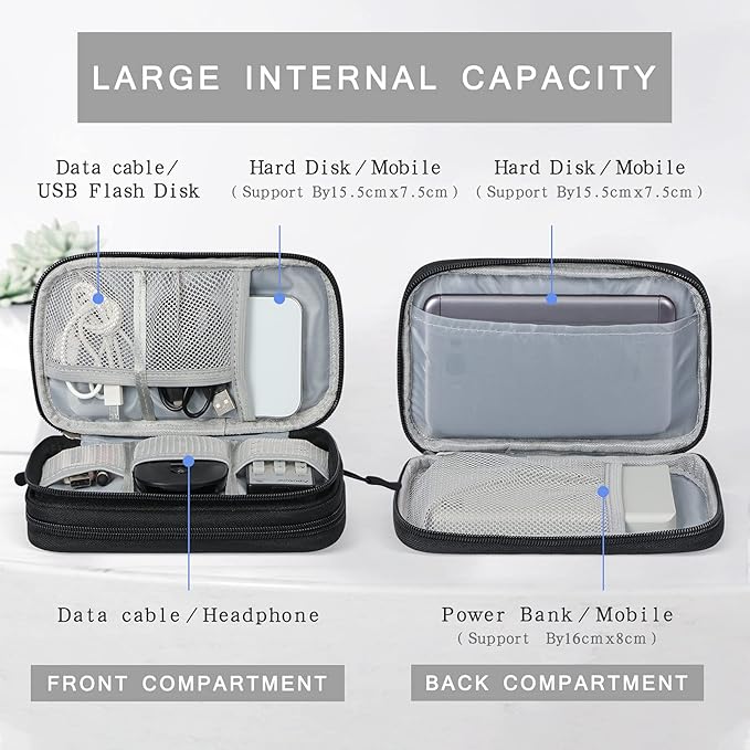 Skycase Electronic Organizer Travel Case - Waterproof Travel Cord Pouches for Organization, Cable Organizer, All-in-One Double Layers Storage Bag for Accessories, Charger, Cable, Black - Medium