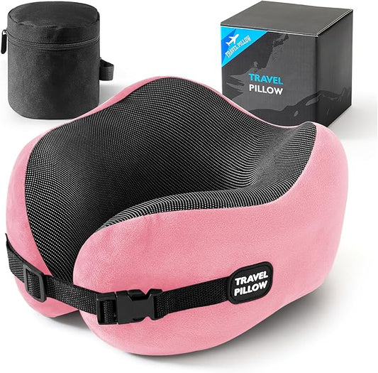 Neck Pillow Travel Pillow - 100% Pure Memory Foam Airplane Pillow with Adjustable Clasp & Removable Cover, Portable Travel Essentials for Long Flights, Car & Office (Pink)