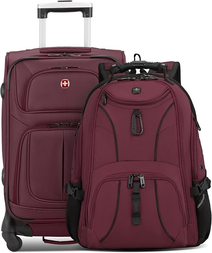 SWISSGEAR Sion 2-Piece Travel Set, Softside Expandable Carry-On Spinner Bundled with 1900 ScanSmart 17" Laptop Backpack with RFID Blocking & Tech Organization, Merlot