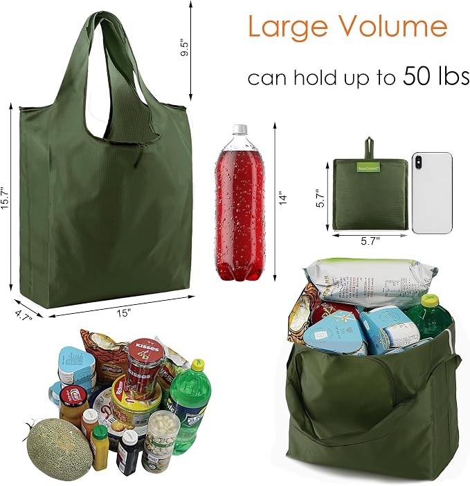 BeeGreen Green Reusable Grocery Bags Wholesale Green Reusable Kitchen Bags Bulk Foldable-Machine Washable with Zipper Storage Pouch 20 Packs