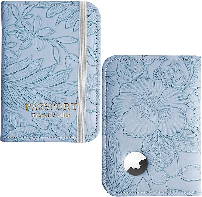lizimandu Passport Holder with Airtag Slot, Airtag Passport Wallet for Men Women, Slim Leather Passport Holder Case Family for Travel Anti-Lost(1-Carved Light Blue)