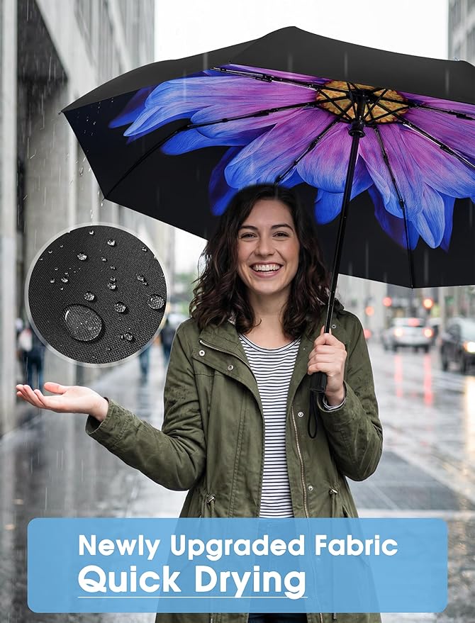 Yoobure Compact Travel Umbrella - Windproof Umbrellas for Rain, Small Portable UV Umbrella for Sun Protection, Folding Automatic Umbrellas in Lightweight for Car, Backpack, Walking, Kids, Women