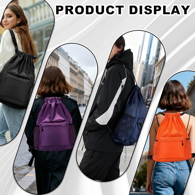 Tygelluis Drawstring Backpack, Waterproof Gym Bag with Water Bottle Pocket for Women Men, Pull String Sport Bag for Swim, Soccer and Basketball,Black