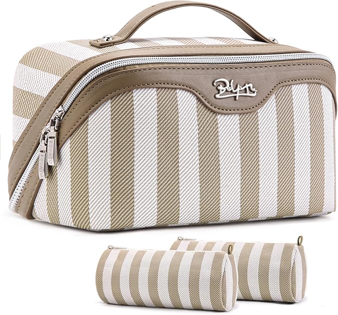 BOYATU Travel Makeup Bag Cosmetic Bag for Women: 3 Pcs Set Striped Make up Bag with Compartment - Waterproof Vegan Leather Toiletry Bag with Handle - Makeup Organizer for Travel Essential(A-6-Apricot)