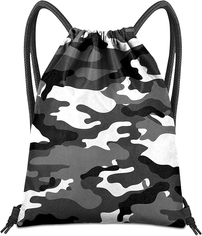 Drawstring Backpack for String Bag Waterproof Cute Sports Beach Swimming Travel (13"×17")-Black Camouflage