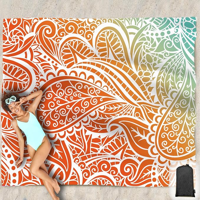 Beach Blanket Waterproof Sandproof Oversized 95”x 80”,Sand Free Beach Mat with Corner Pockets,Portable Mesh Bag for Beach Festival,Picnic,Travel and Outdoor Camping (Ombre Portland Orange)