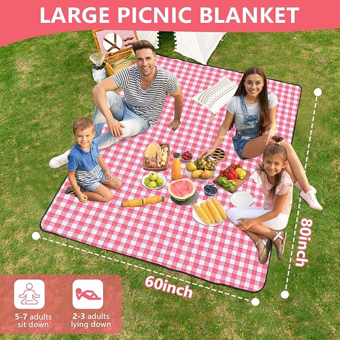 OBTANIM Extra Large Picnic Blanket 60 x 80 Inch Waterproof Foldable Beach Blankets Outdoor Picnic Mat for Camping Grass Lawn Park Music Festival Party Accessories (Red and White)