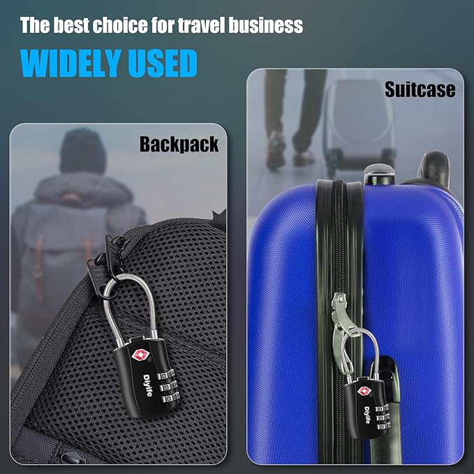 Diyife TSA Approved Luggage Locks, [2 Pack] 3-Digit Combination Security Flexible Cable Travel Lock, Resettable Code Lock with Zinc Alloy Body for Suitcases Travel Backpack Bag Case (Black)