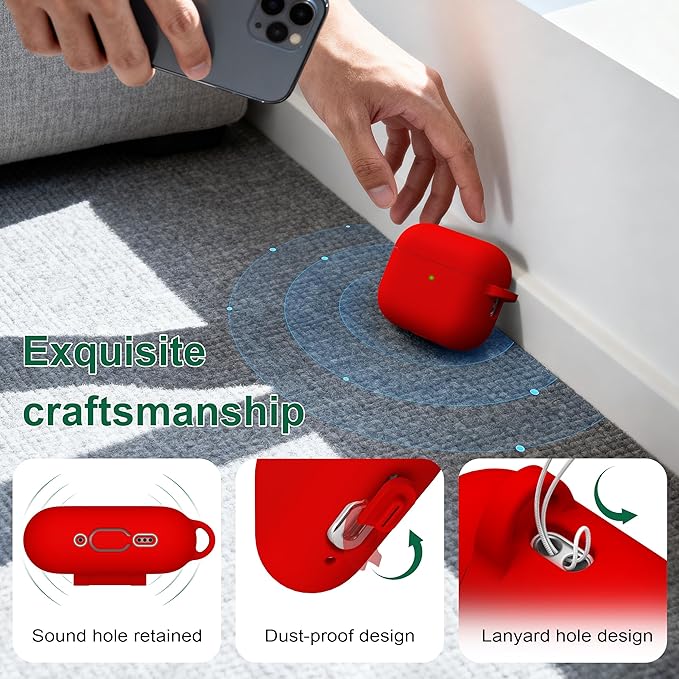 R-fun for AirPods Pro 3 Case (2025), Soft Silicone Protective Case Cover Compatible with Apple AirPods Pro 3rd Generation (USB-C Cable) for Women Men with Cleaning Kit and Keychain, Red