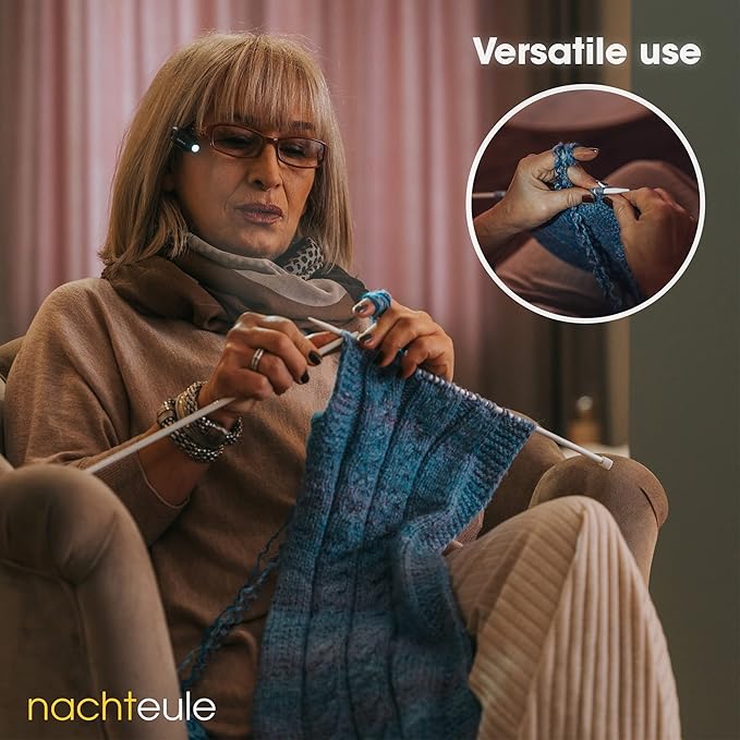 Nachteule Rechargeable Reading Light for Glasses, Headphones or Headband (Included). LED Book Light. Award Winning Clip-on Design Made in Germany. Complimentary Protective Case Included