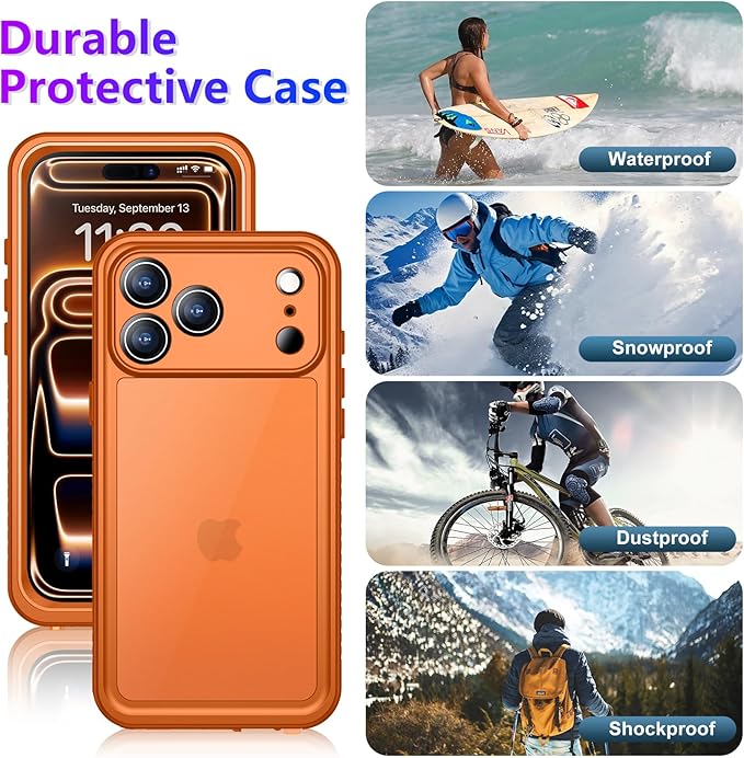 Compatible with iPhone 17 Pro Case,Waterproof Built-in Screen & Camera Protector IP68 Underwater Full Body 17FT Military Dropproof Shockproof Phone Case 6.3"-Orange/Clear