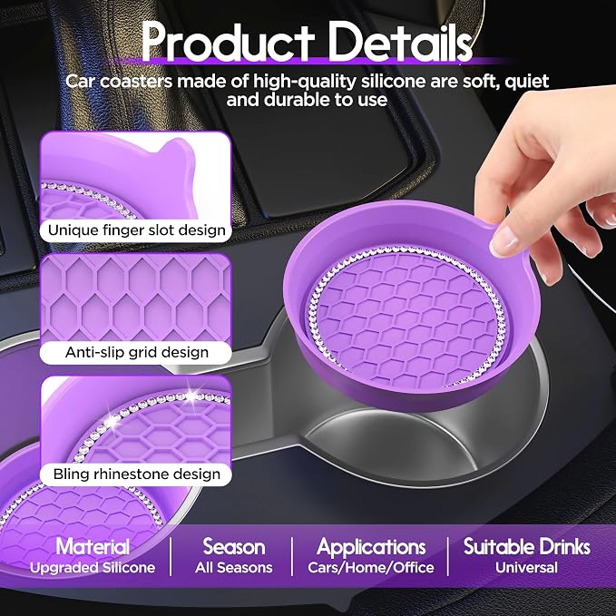 Amooca Car Cup Coaster Universal Non-Slip Cup Holders Bling Crystal Rhinestone Car Interior Accessories 2 Pack Purple