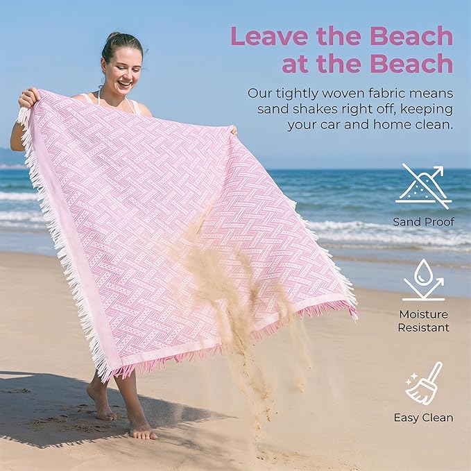 70x70 Bohemian Picnic Mat Extra Large, Sand Proof Outdoor Camping Blanket Machine Washable, Lightweight Portable Travel Tarp for 5-7 Adults Beach Park Grass (Pink-T-Grid)