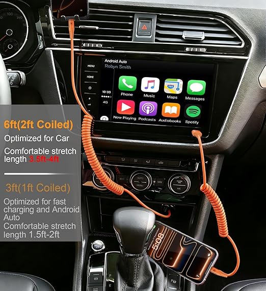 Coiled USB A to USB C Cable for Car [6FT, 2Pack], USB to USB C Cable Fast Charging 60W, USB Type C Cable iPhone Charger USBC Cord for iPhone 17/16/15/Pro Max/Plus/Samsung Galaxy S26/S25/Ultra-Orange