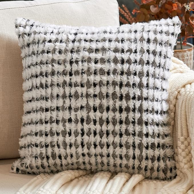 Aeckself Boho Chenille Tufted Pillow Cover 20x20 Inch, Decorative Square Throw Pillow Cover Neutral Pillowcase for Couch Bedroom Living Room, Black Gray