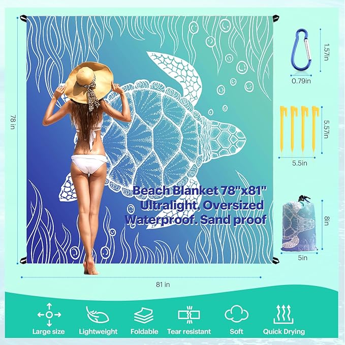EASYFUN Beach Blanket Sandproof Oversized, 79''×83'' Extra Large Beach Mat, Portable Picnic Mat for Travel Camping Hiking, Lightweight Beach Essentials Family Water Resistant Mat