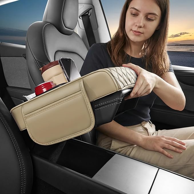 5 in 1 Car Center Console Cover, Armrest Pad with 2 Storage Pockets, Cup Holder, Tissue Slot, Phone Holder, Nappa Leather Memory Foam Car Accessories for SUV Sedan Truck (Beige)