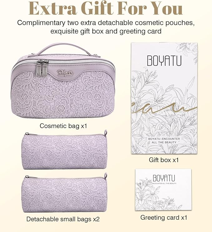 BOYATU Travel Makeup Bags Cosmetic Organizer Bag: 3-Set Large Capacity Make up Bag - PU Leather Toiletry Bags for Women - Wide Open Portable Pouch with Divider & Handle (A-Violet)