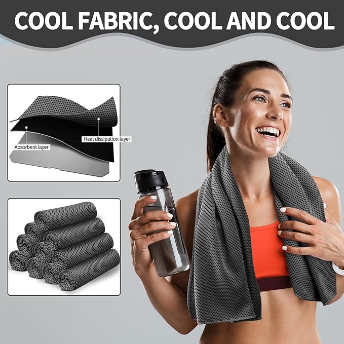 Honoson 10 Pcs Cooling Towel Bulk - Neck & Face Cool Chilly Towels Microfiber Breathable Sport Sweat Rag for Gym, Yoga, Travel, Camping, Running, Outdoor (Black)
