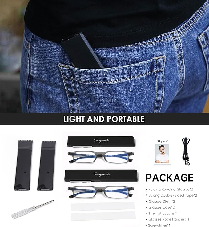 2 Pack Ultra thin Lightweight Folding Reading Glasses Women Men TR90 Blue Light Blocking Anti UV/Eyestrain Foldable Compact Computer Readers Portable Unique Stretchable Slim Flat case Gunmetal, +1.0