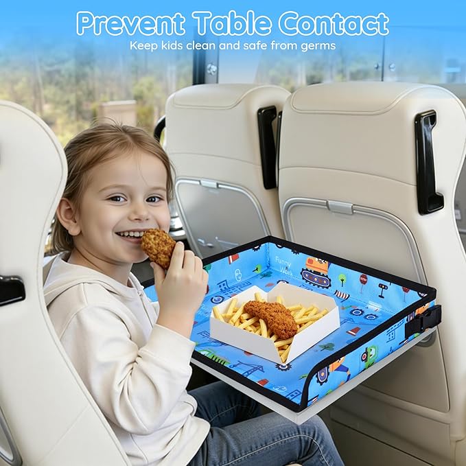 Kids Travel Tray Table Cover with Pockets – Toddler Airplane Essentials for Plane, Train, Car & Highchair, Portable Activity Board with Tablet Holder & Storage (Light Blue)