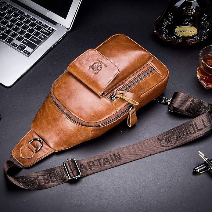 BULLCAPTAIN Mens Leather Crossbody Bag Shoulder Sling Bag Casual Daypacks Chest Bags for Travel Hiking Backpacks