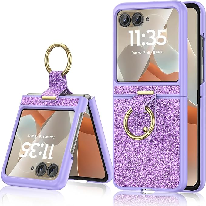 Maxdara for Motorola Razr 2026/2025/2024 Case with Ring [Not Fit Razr Plus or Ultra], Bling Luxury Slim Moto Razr 2025 Case with Built-in Screen Protector (Glitter Purple)