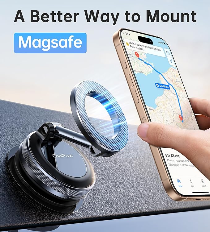 Coolpow【Newest Vacuum Magnetic Phone Holder for Car Phone Holder Mount【Movable Vacuum Suction】Magsafe Car Mount Cell Phone Holders for Your Car Accessories for Women Men for iPhone 17 16(Carbon Fiber)