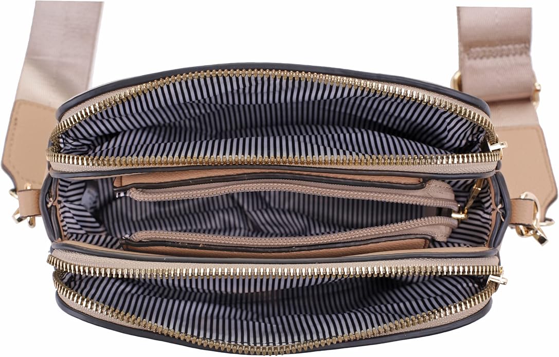 EVVE Crossbody Bags for Women Trendy Triple Zip Small Crossbody Camera Bag Purse with Wide Guitar Strap