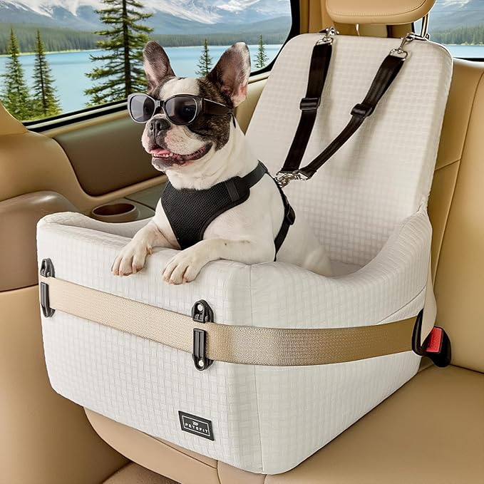 PETSFIT Dog Booster Car Seat for Small/Medium Dogs Up to 35 lbs – Patented Safety System, 5" Memory Foam Pet Car Seat, Fully Detachable and Washable Cover, Front/Back Seat Travel Booster (Beige)