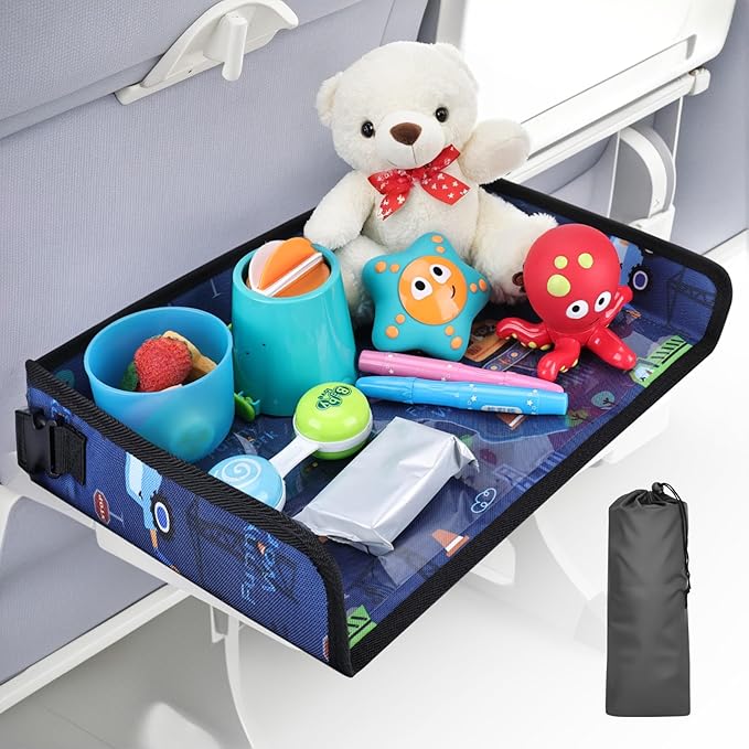 Kids Tray Table Cover, Airplane Tray Cover with Pockets, Airplane Travel Essentials for Kids, Portable Airplane Must Haves for Toddler on Plane or Train and Flying Supplies (Dark Blue)