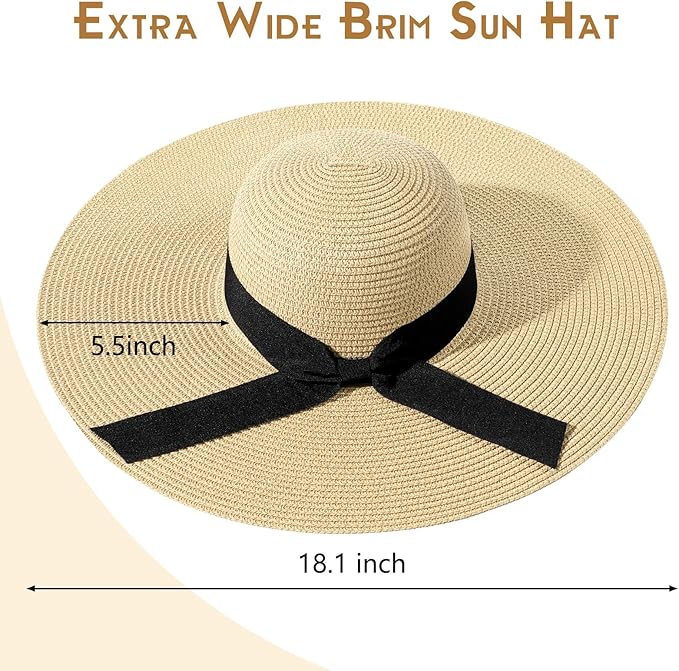 Beach Hat for Women, Wide Brim Sun Straw Hats for Women, Sun Hat Womens UPF 50+ UV Protection, Floppy Foldable Summer Hats