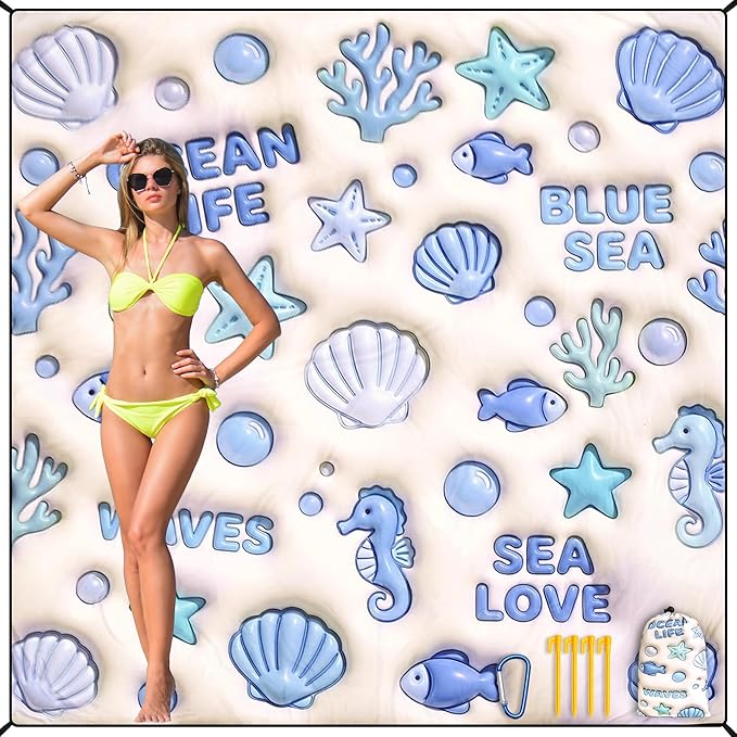 HIHOHO Beach Blanket Waterproof Sandproof Beach Mat 79”x 83” for 1-8 Adults Quick Drying Durable Outdoor Picnic Mat for Beach Festival Travel Camping Hiking (3D Ocean, 79"×83"(4 Person))