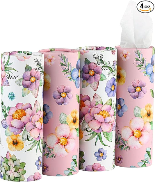 200 Sheets Car Tissues Holder with Facial Tissues 3-ply Travel Tissue Tubes 4 PK Tissues Box Container Perfect Fit for Car Cup Holder Cylinder (Pink)