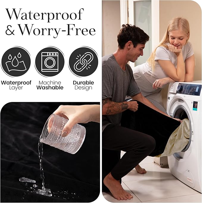Waterproof Blanket for Bed Intimacy (82"x 82" King Size) Reversible Plush Fleece, Love Blanket, Moisture Absorbent TPU Layer Stain Proof Couch Bed Mattress Water Proof Cover Beige/Black