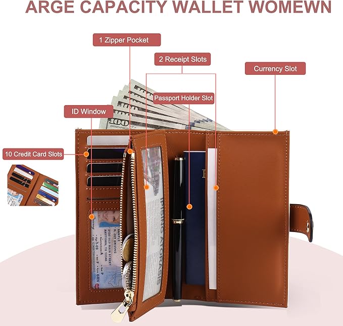 yiijay Women's Wallets RFID Blocking Leather Trifold Clutch Wallet Credit Card Holder Ladies Travel Wallet Purse with Pen Holder
