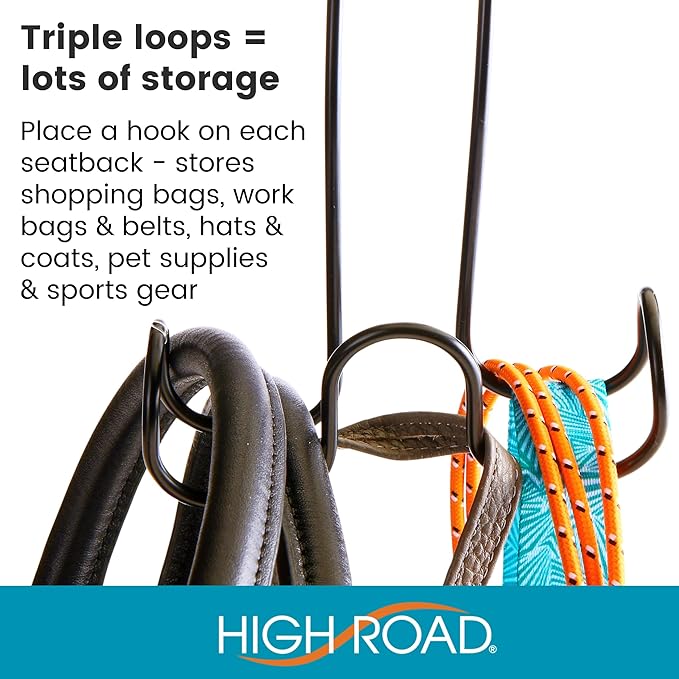 High Road Metal Car Hooks for Purse and Bags - Unbreakable Headrest Car Hooks for Large Purse Straps and Heavy Bags up to 40 lbs - Secure Attachment Loops Fit All Headrest Posts (Triple Hook 2-Pack)
