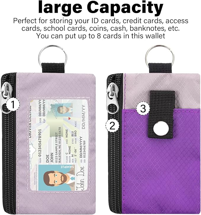 Minimalist RFID Blocking Wallet with Lanyard, Functional ID Case with 2 Zipper Pockets and Key Chain for Men and Women, Tactical Badge Pouch Cards Holder, Coin Purse for Travel Sports-Purple