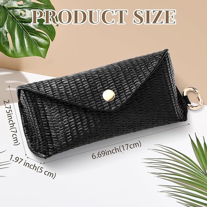Leinuosen Woven Straw Sunglasses Case with Clip, Hard Shell Boho Rattan Pouch, Portable Travel Beach Accessory for Women Girl
