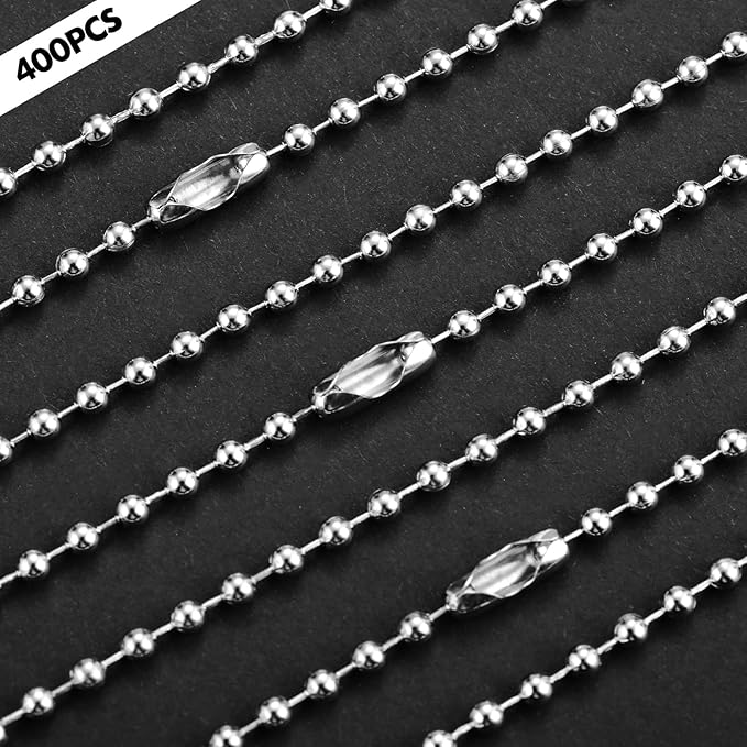 400 Pcs Long Bead Ball Chain Keychain 3.9 Inch Silver Ball Connector Clasp 2.4mm Diameter Metal Necklace Chains for Dog Tags Hanging Keychains, Jewelry Making Accessories
